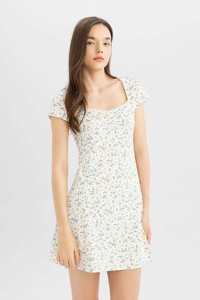 DeFacto Cool Combed Cotton Floral Print Short Sleeve Mini Dress - C8689AX24SM