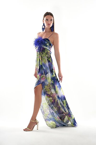 EXPLOSION Asimetrik Etekli Şifon Garnili Abiye Elbise