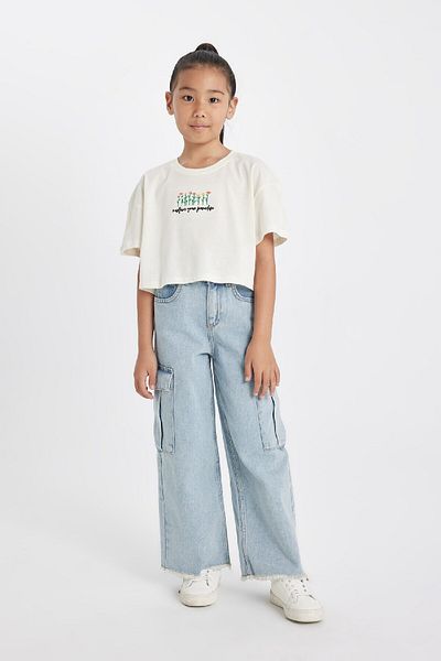DeFacto Girls Floral Print Crop T-Shirt - Crew Neck, Short Sleeve D1593A824HS