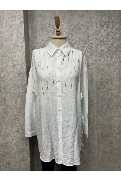 İkoll 25Y34816 TUNİK OVERSIZE DAMLA TAŞLI EKRU