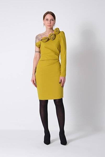 EXPLOSION Yakası Güllü Tek Kollu Mini Elbise