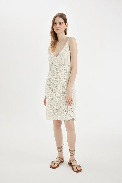 DeFacto White Midi Dress - V-Neck, Strap, Crochet C9078ax24sm