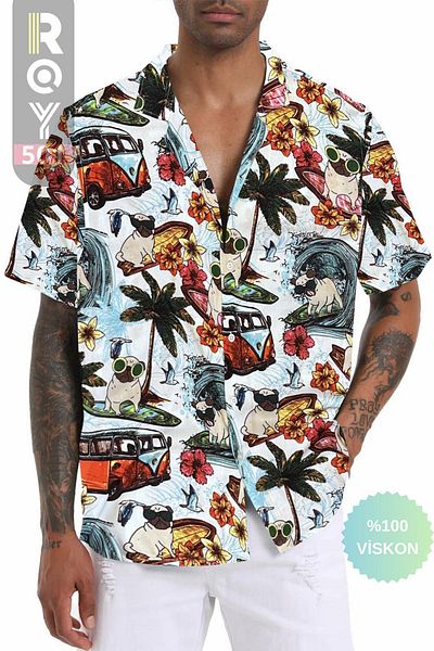 ROY501 Cămașă cu mânecă scurtă pentru bărbați Cămașă cu mânecă scurtă cu model roșu Pug Cămașă de vară Cămașă supradimensionată pentru bărbați