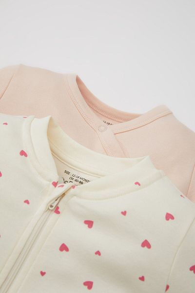 DeFacto Baby Girl Newborn Zippered Heart Patterned Long Sleeve 2-Piece Jumpsuit D1681A524Au