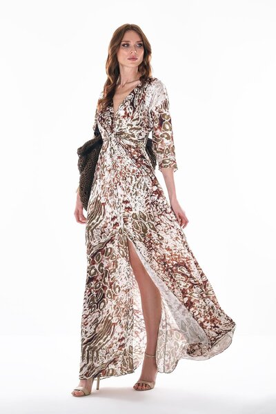 EXPLOSION Büyük Beden Desenli Saten Zincir Kemerli Yırtmaçlı Yandan Cepli Maksi Boy Elbise