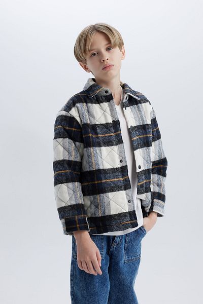 DeFacto Boys Flannel Polo Neck Shirt Jacket - Wide Fit, Long Sleeve, Snap Closure C6631A825S