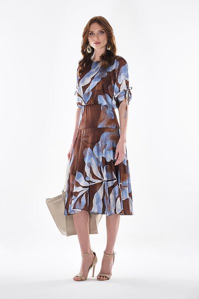 EXPLOSION Patterned Satin Sleeve Lacing Detailed Waist Corset Midi Length Flared Skirt Dress