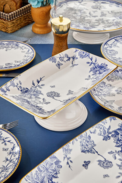 Mabeyn 13 Parça Beyaz Gold Mavi Pasta Servis Sunum Tabağı Takımı Seti