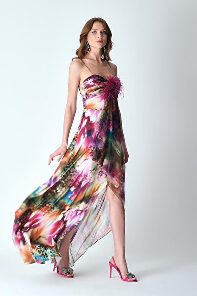 EXPLOSION Asimetrik Etekli Şifon Garnili Abiye Elbise