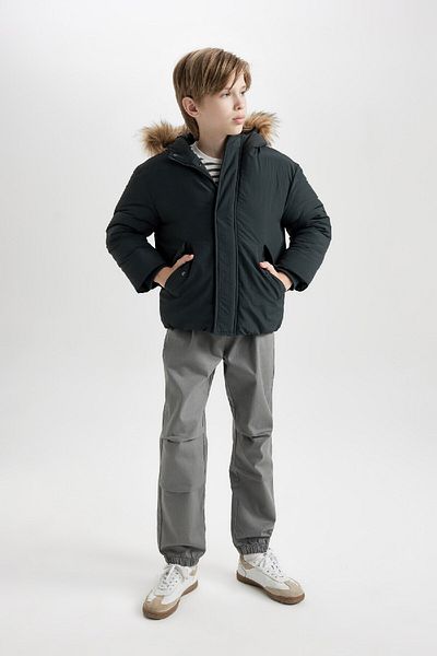 DeFacto Boys' Coat - Detachable Faux Fur Collar with Hood, Zipper and Snap Closure Pocket C5975A824Wn