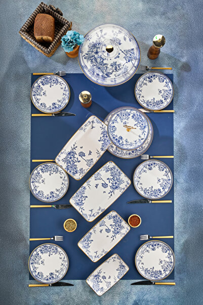 Mabeyn 13 Parça Beyaz Gold Mavi Pasta Servis Sunum Tabağı Takımı Seti