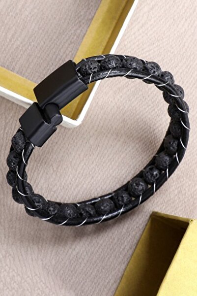 Chantaky 099 80 سوار رجالي من الجلد بمشبك فولاذي مزين بحجر العقيق الرمادي