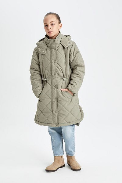 DeFacto Girl's Water Repellent Hooded Zippered Long Coat Parka with Snap Fastener Pockets C8974A824Au