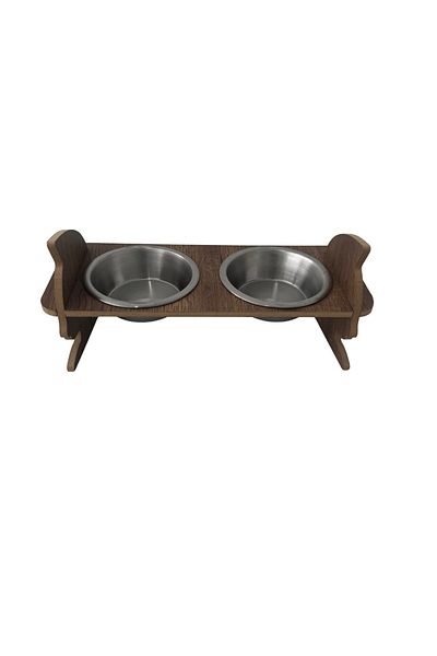 SENNEDİLERSEN Brown Wooden Disassembled Two Steel Rhinestone Cat Food and Water Bowl