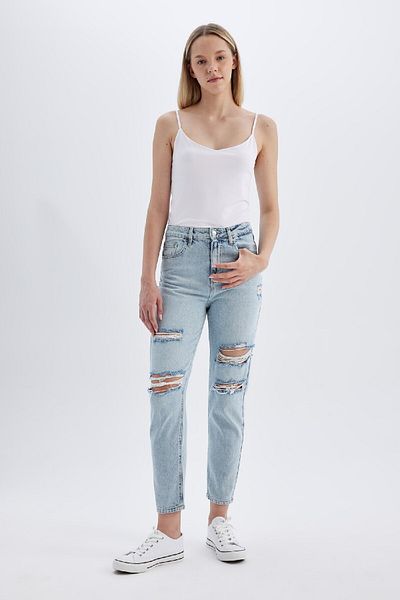 DeFacto Lina Mom Fit, zerrissene, detaillierte, hohe Taille, bequeme Passform, leicht, schmales Bein, knöchellange Jeans, gewaschene Hose C