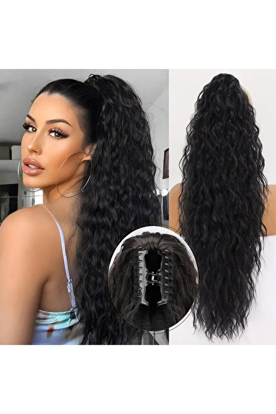 AKOLİFE Păr fals negru, ondulat afro, cu cataramă, coadă de cal - textura păr...