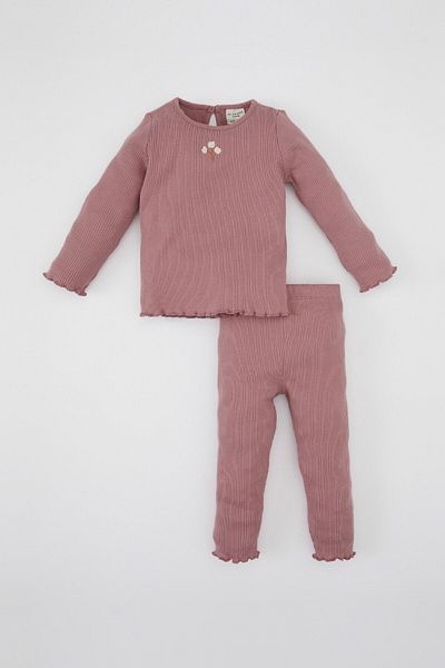 DeFacto Floral Print Ribbed Long Sleeve T-Shirt and Elastic Waist Bottom for Baby Girl - Y1122A224Au