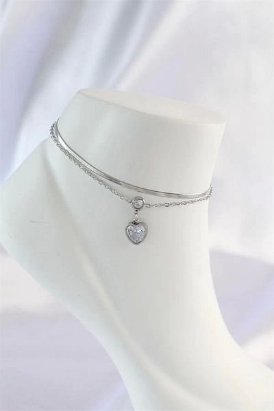 ZL Shoping 316L Steel Silver Color Zircon Stone Heart Design 2 Piece Anklet
