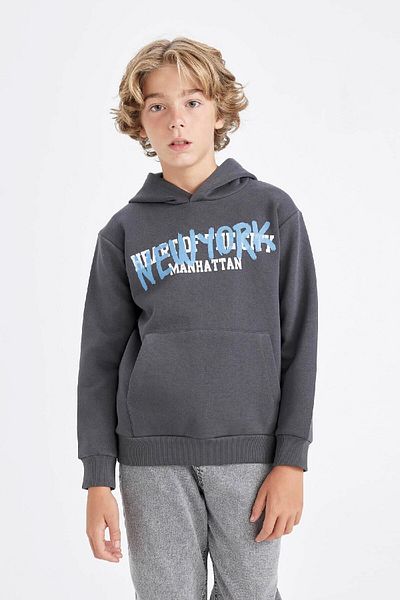 DeFacto Boy's Gray Hooded Pocket Back Printed Sweatshirt C9785A824Au