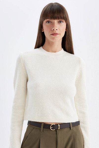 DeFacto Premium Crew Neck Plain Crop Knitwear Sweater - Regular Fit C9047Ax24Wn