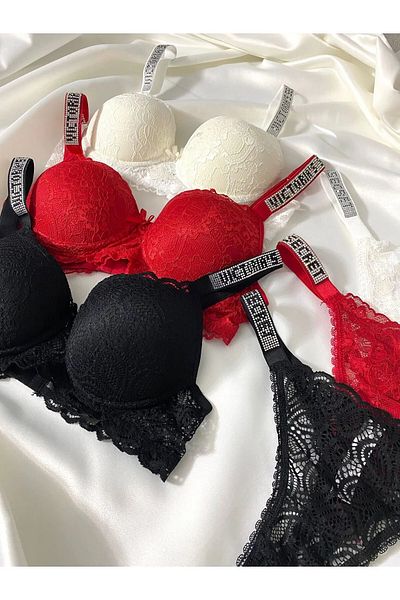 Beyaz Gelincik Underwear Women's Lace Rhinestone Supported Padded Push up Bra Set Underwear Set Triple Dowry Pack