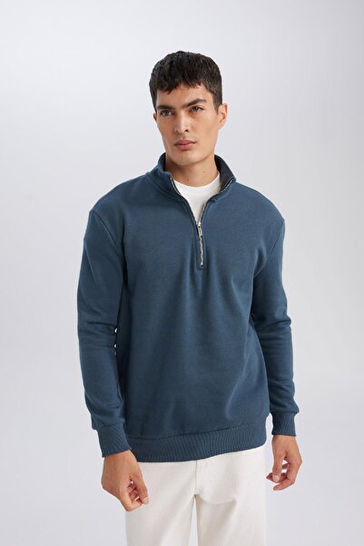 DeFacto Comfort Regular Fit Rahat Kalıp Fermuarlı Dik Yaka Basic Düz Sweatshirt X7405az24au