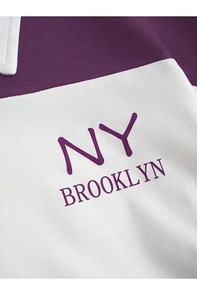 thefun fashion Unisex Purple Striped Ny Printed Zippered Polo Neck Oversize T-Shirt