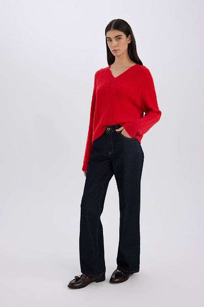 DeFacto Relax Fit V-Neck Hair Braided Knitwear Red Sweater C9060Ax24Wn