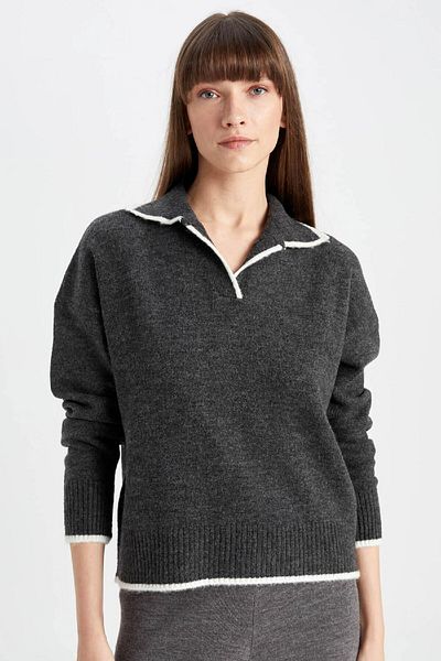 DeFacto Regular Fit Soft Textured Polo Collar Knitwear Sweater A3868Ax24Wn