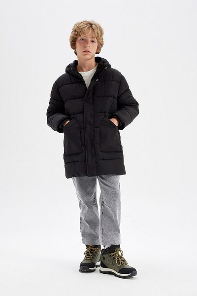 DeFacto Boy's Water Repellent Hooded Zippered Snap Closure Pocket Parka C8782A824Wn