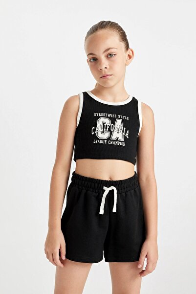 DeFacto Girls' 2-Piece Set of Ribbed Camisole, Crew Neck, Printed Sleeveless T-Shirt and Shorts D0073A824Hs