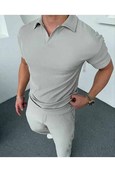 thefun fashion Men's Dumangri Corded Polo Neck T-Shirt and Elastic Waist Jogger Sweatpants Slim Fit Set