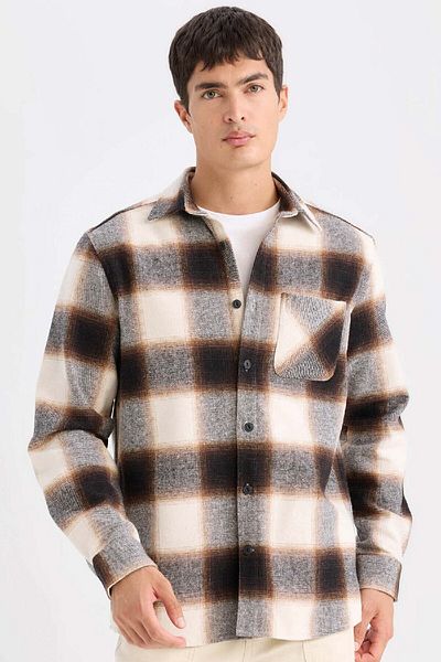 DeFacto Regular Fit Polo-Kragen kariertes Flanell-Langarmhemd D2320ax24au