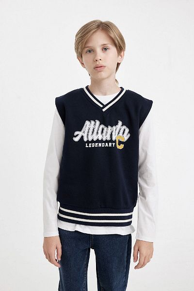 DeFacto Boy's V-Neck Text Printed Thick Sweater C9283A824Au