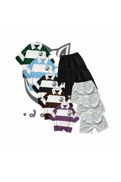 DAPHN Unisex Striped Oversize Polo Neck Collar Zippered 5 Color Fox Printed T-Shirt Shorts Set of 5