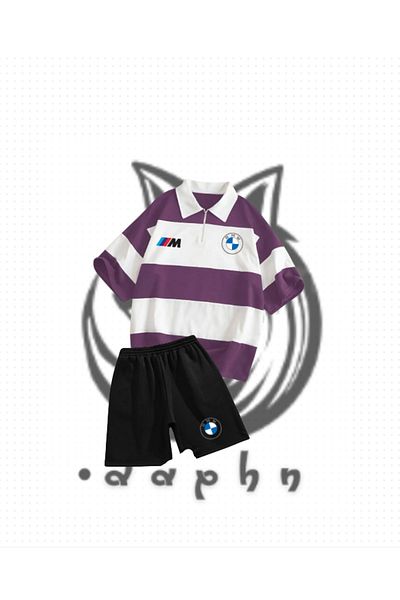 DAPHN Purple Bmw Printed Oversize Polo Polo and 2 Shorts Set
