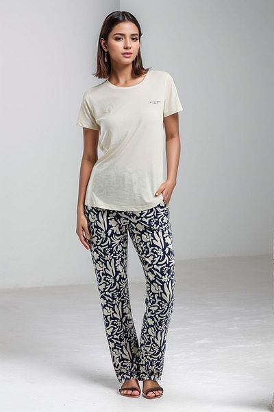 Pierre Cardin Women's Beige 2'Li Pajamas Set Short Sleeve Crew Neck Home Wear