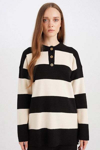 DeFacto Regular Fit Polo Neck Buttoned Striped Sweater Tunic D2442Ax24Wn