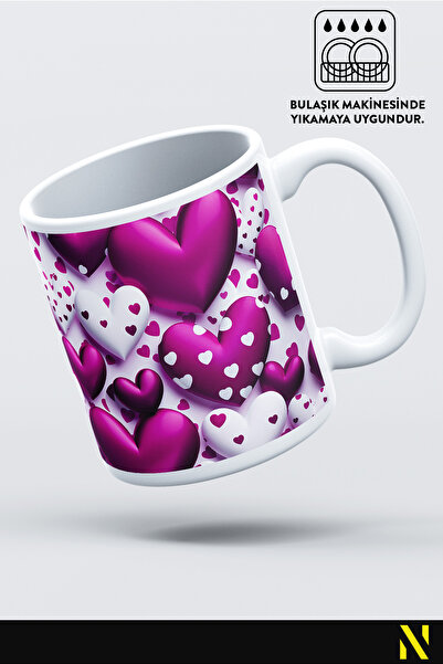 nilizma Pink Heart Patterned Colorful Mug Cup – 330 ml Mug | Stylish and Durable Design