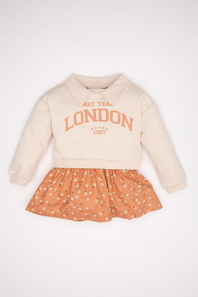 DeFacto Baby Girl Polo Neck Printed Skirt Floral Patterned Long Sleeve Sweatshirt Dress 3145510