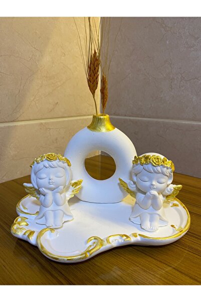 ELBUCOLECTION Melekli Yuvarlak Vazolu Dörtlü Set Gold Detaylı