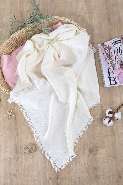 Sitilin Baby Girl Boy Cream 4 Layer Tasseled Muslin Swaddle Blanket 110 cm Stl6956