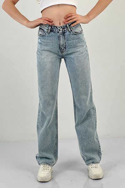 Miss Poem Blugi largi de damă cu picioare largi, pantaloni din denim albastru gheață