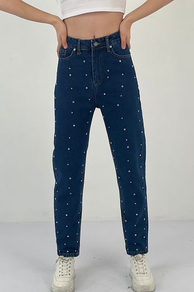 Miss Poem Blugi de damă Basic Mom Fit Stone Blue Denim Pantaloni