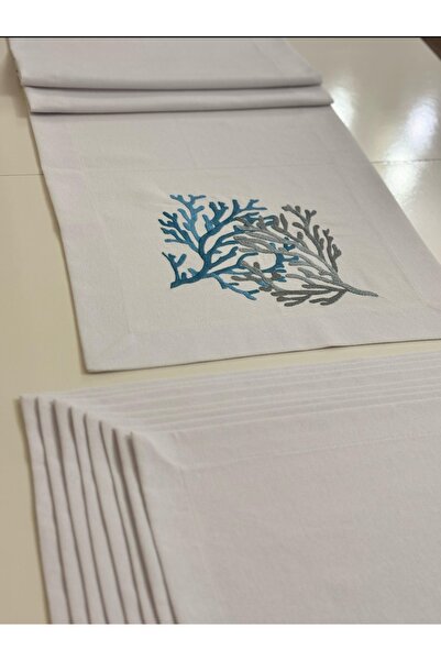 DUCK keten kumaş mercan nakışlı amerikan servis peçetesi /Ranır