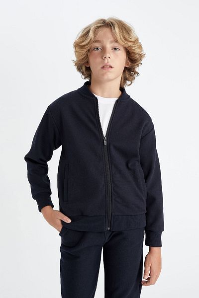 DeFacto Boys' Seasonal Bomber Cardigan - College Collar, Zip-Up, Double Pockets D2803A824Au