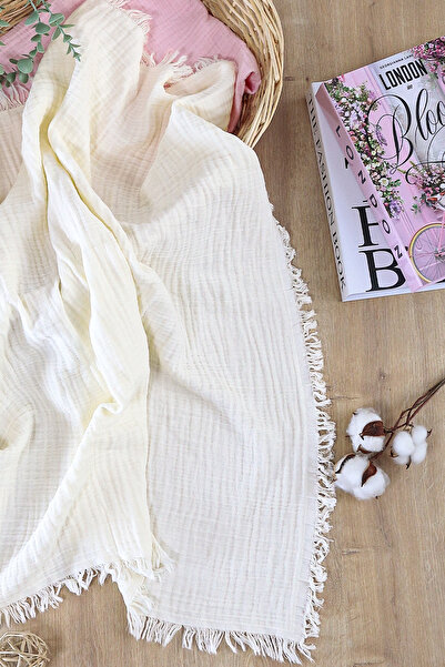 Sitilin Baby Girl Boy Cream 4 Layer Tasseled Muslin Swaddle Blanket 110 cm Stl6956