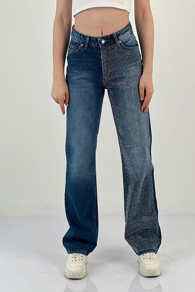 Miss Poem Blugi de damă, cu picioare largi, pantaloni largi, albaștri, cu strasuri