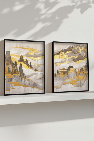 STARYUNA Japandi stil sa efektom zlatne boje i crnim drvenim okvirom, set od ...