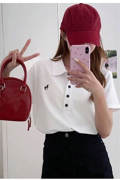 SEFUR Trend Polo Neck Buttoned Cotton Short Sleeve Unicorn Printed T-Shirt